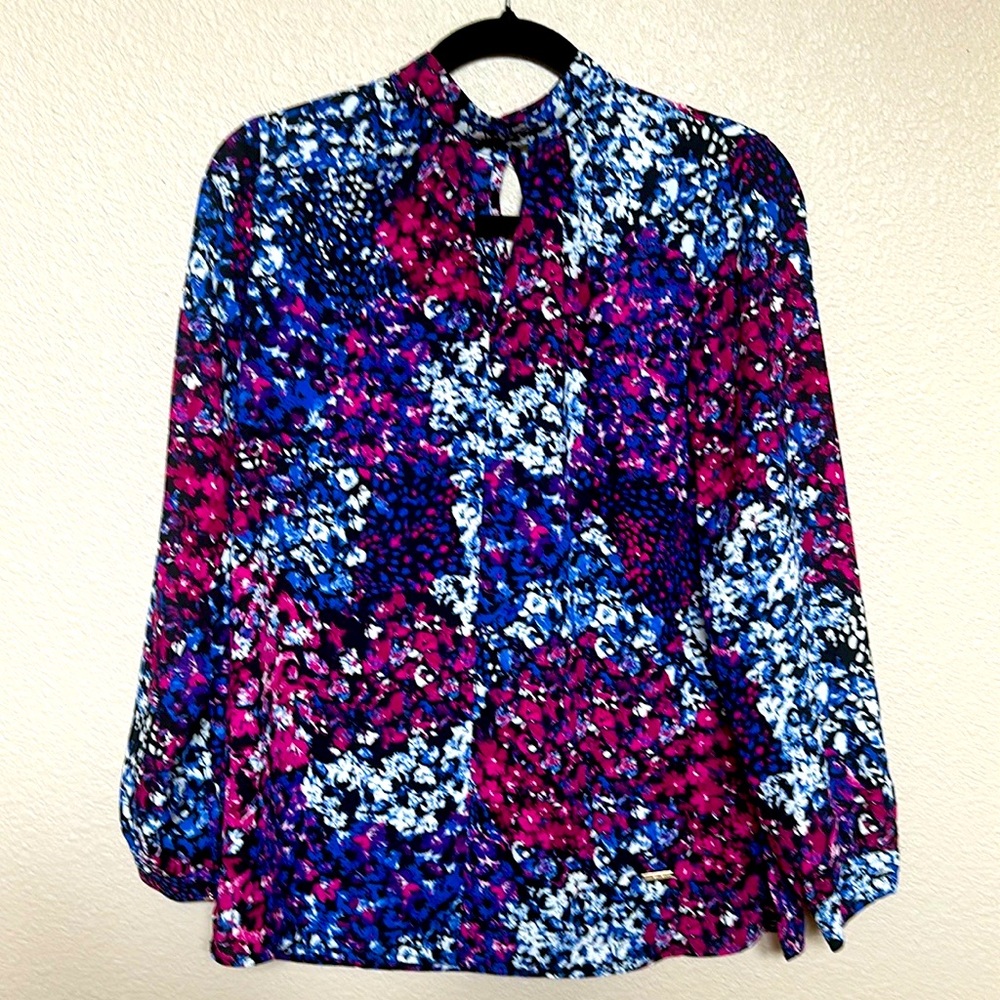 NINE WEST jazz berry floral print top dress blouse long sleeve size XS